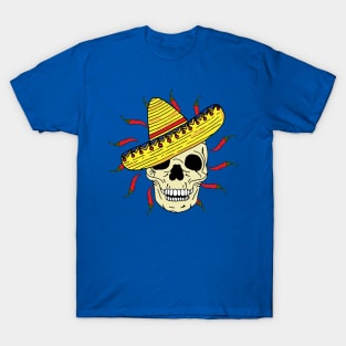 Skeleton Skull Wearing Sombrero with Chillies T-Shirt